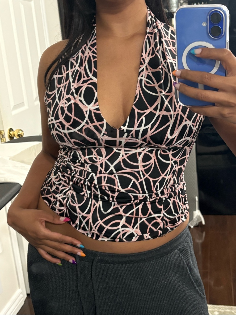 Sleeveless halter plunge house top y2k geometric pattern
